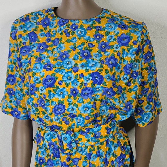 Vintage Nina Ricci Dress Size 10 Turquoise Yellow Retro 80's Floral Print EUC - Picture 3 of 9